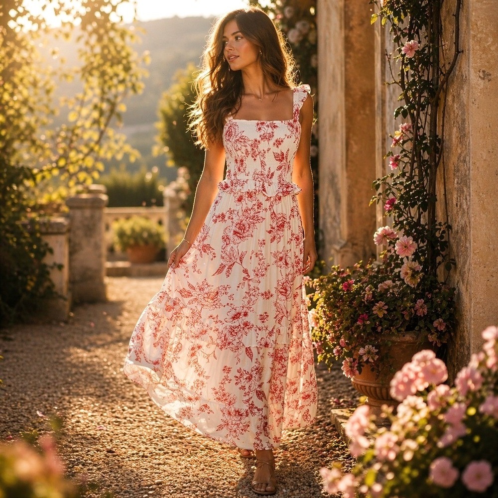 Lost + Wander Floral Smocked Maxi Dress S Romantic Cottagecore Garden Party